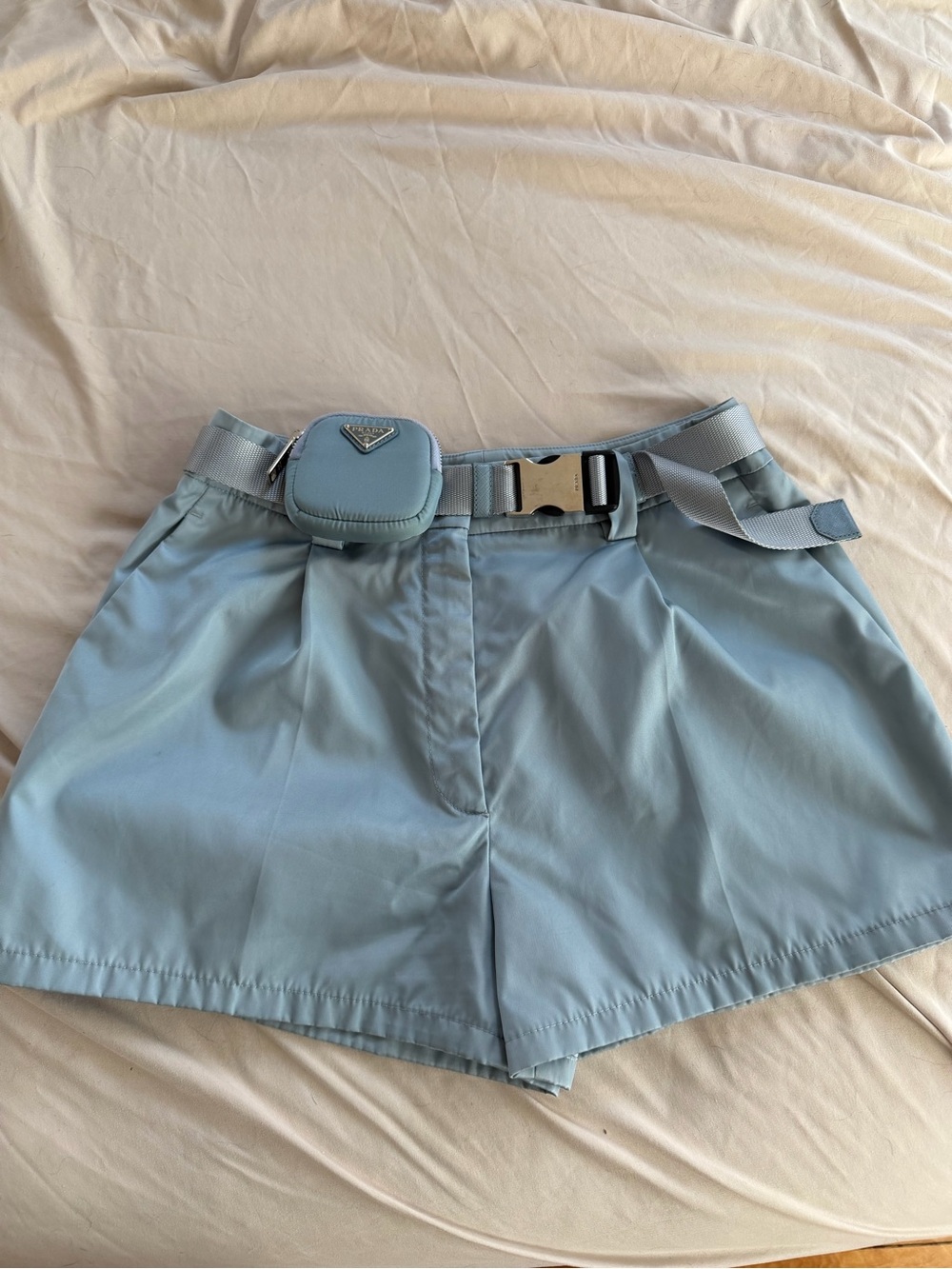 Prada Pale Blue Nylon High-Waist Shorts with Belt Pouch